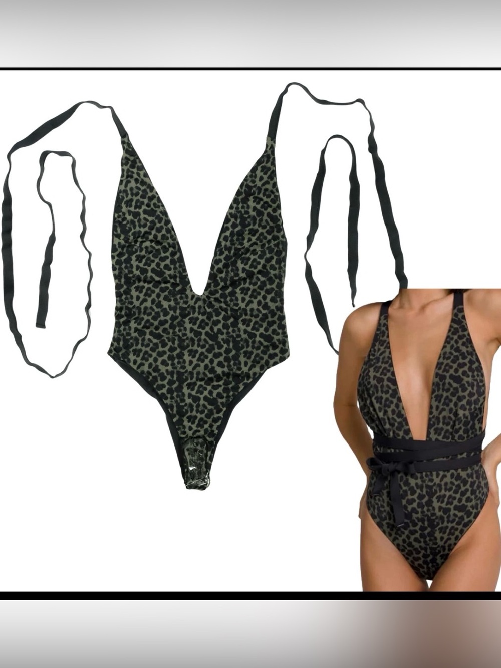 Good American Green Black Deep Cut Wrap One Piece Reversible Swimsuit NWT Size 7